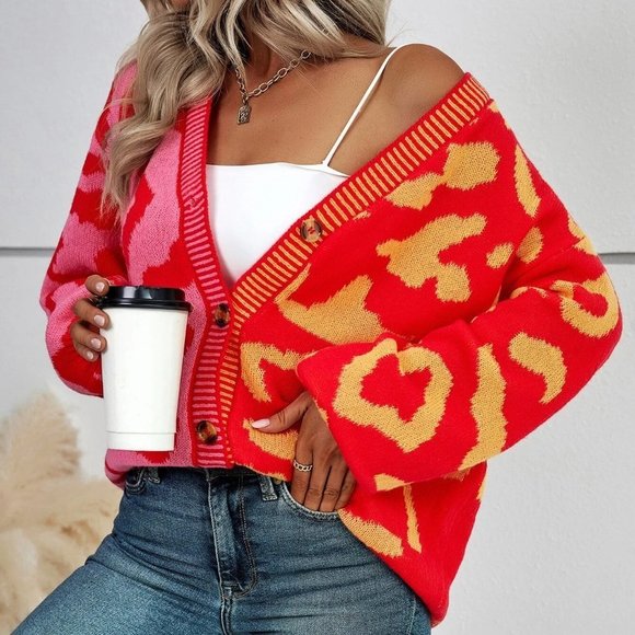 Multicolor Casual Womens Graphic Pattern Colorblock Drop Shoulder Cardigan - Picture 3 of 5